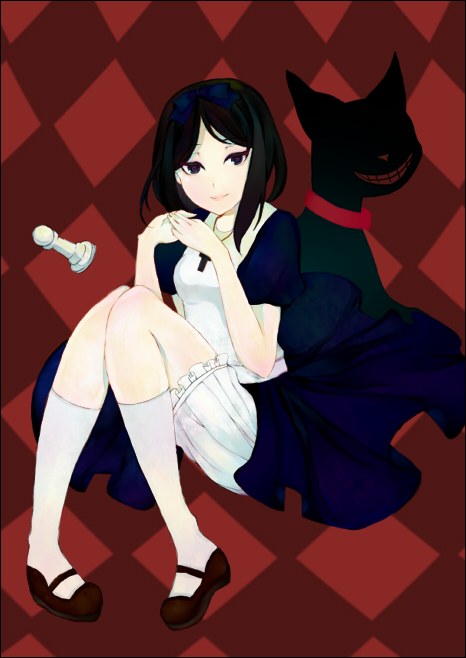 1girl, alice_(alice_in_wonderland), alice's_adventures_in_wonderland, alice_liddell_(american_mcgee's_alice), american_mcgee's_alice, black_hair, bloomers, blue_eyes, bow, cheshire_cat_(alice_in_wonderland), chess_piece, dress, frills, kneehighs, kocha, mary_janes, shoes, socks, underwear