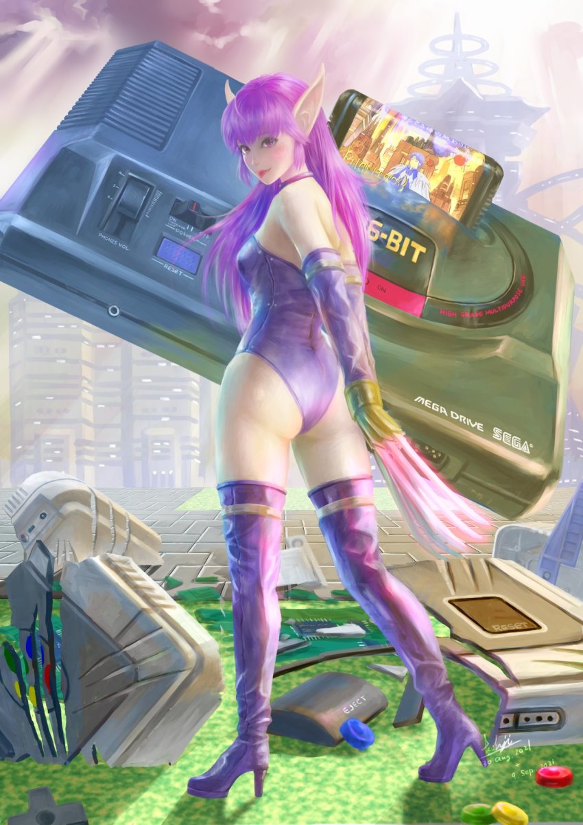 1girl, ass, boots, bracelet, breasts, choker, full_body, game_console, gloves, highleg, highleg_leotard, highres, jewelry, kohji, latex, latex_boots, latex_gloves, latex_leotard, leotard, long_hair, long_pointy_ears, looking_at_viewer, looking_back, nei, phantasy_star, phantasy_star_ii, pointy_ears, purple_choker, purple_eyes, purple_gloves, purple_hair, purple_leotard, purple_theme, sega, sega_mega_drive, signature, solo, standing, strapless, strapless_leotard, thigh_boots, thighhighs, tongue, tongue_out