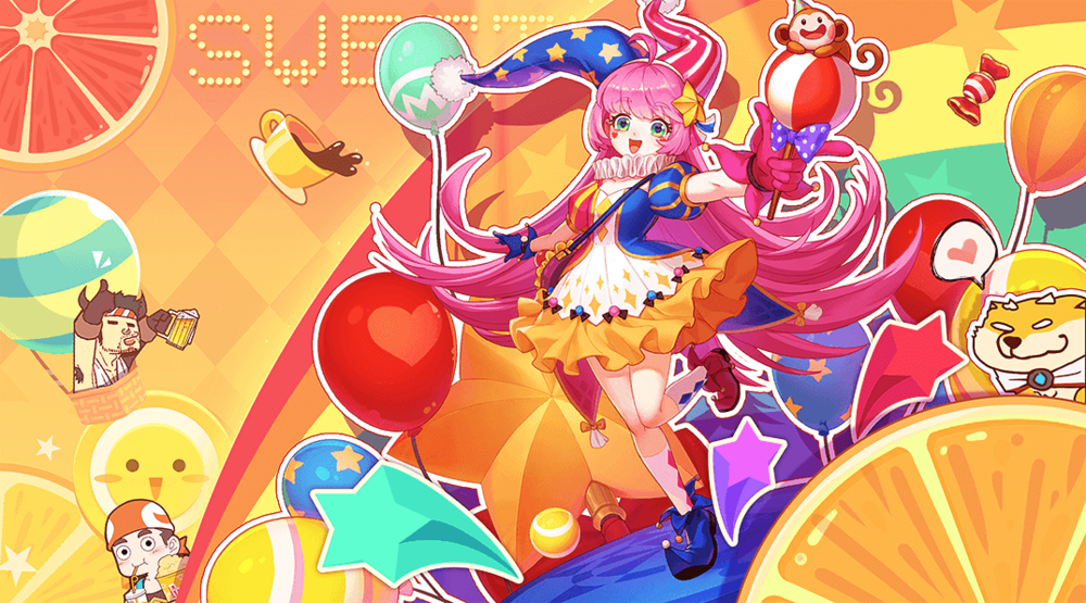 1girl, 3boys, artist_request, balloon, billy_(gyee), candy, chang_(gyee), child, clown, festival, food, fruit, gloves, gyee, happy, heart, monkey, multiple_boys, official_art, orange_(fruit), party, pink_hair, sig_(gyee), smile, star_(symbol), tea, yaen_(gyee)