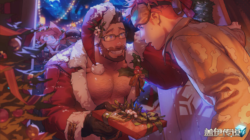 1girl, 2boys, artist_request, bear, blue_eyes, blush, bomb, chest_hair, christmas, christmas_tree, explosive, facial_hair, gift, glasses, gloves, goggles, gyee, highres, logo, multiple_boys, muscular, muscular_male, night, official_art, orange_hair, pectoral_cleavage, pectorals, santa_costume, sky, sleep_mask, sleepwear, smile, snow, sweat, turing_(gyee), vundo_(gyee), yaen_(gyee)