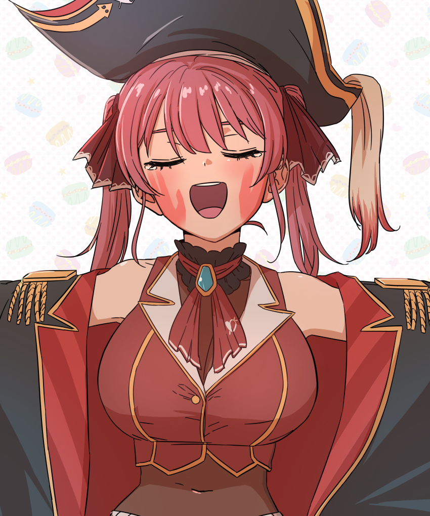 1girl, absurdres, ascot, bicorne, black_coat, black_hat, blush, bodystocking