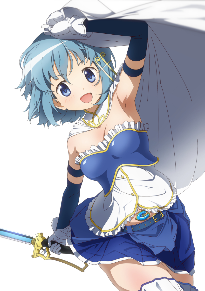 1girl, :d, armband, armpits, belt, belt_buckle, blue_eyes, blue_hair, blue_skirt, buckle, cape, cereal_(cerealoekaki), cutlass, detached_sleeves, dutch_angle, fortissimo, gloves, hair_ornament, hairclip, hand_up, highres, mahou_shoujo_madoka_magica, mahou_shoujo_madoka_magica_(anime), mahou_shoujo_madoka_magica_movie_1_&amp;_2, midriff, miki_sayaka, miki_sayaka_(magical_girl), miniskirt, musical_note, musical_note_hair_ornament, open_mouth, saber_(weapon), short_hair, simple_background, skirt, smile, solo, soul_gem, sword, thighhighs, weapon, white_background, white_cape, white_gloves, zettai_ryouiki