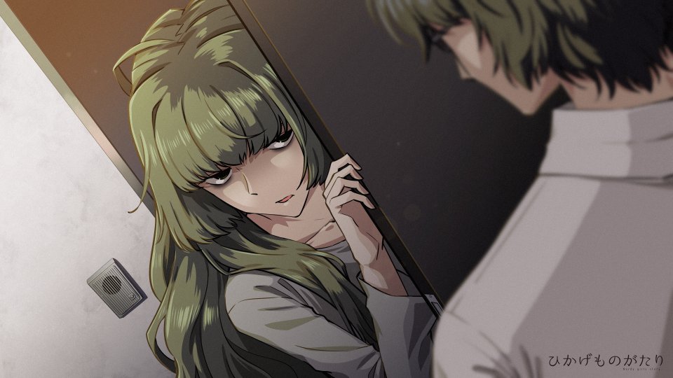 1boy, 1girl, black_eyes, collarbone, door, doorway, glasses, green_hair