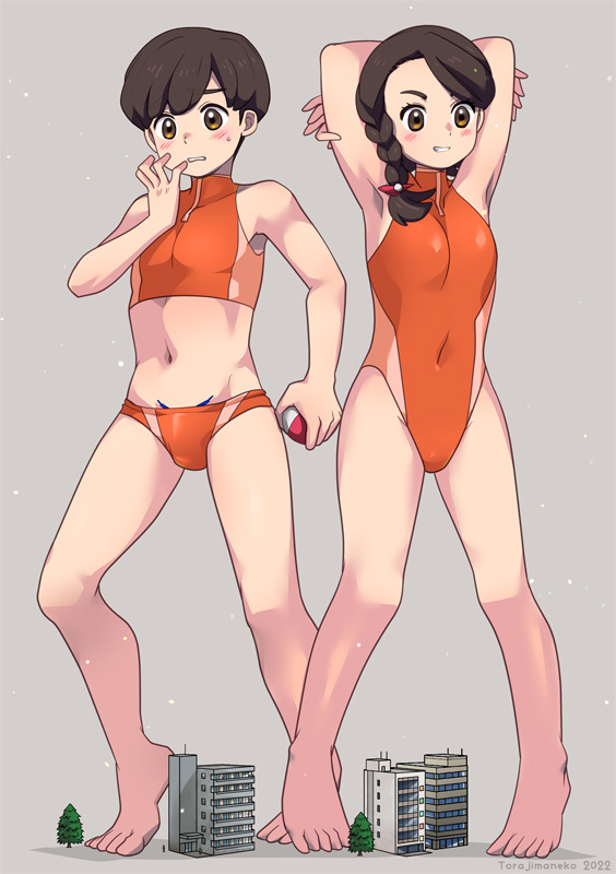 1boy, 1girl, armpits, arms_behind_head, bare_arms, barefoot, blush, braid, brown_eyes, brown_hair, commentary_request, competition_swimsuit, covered_navel, eyelashes, florian_(pokemon), giant, giant_male, giantess, hand_up, holding, holding_poke_ball, juliana_(pokemon), male_swimwear, midriff, navel, nintendo, one-piece_swimsuit, orange_male_swimwear, orange_one-piece_swimsuit, orange_swim_briefs, parted_lips, poke_ball, pokemon, pokemon_scarlet_and_violet, short_hair, single_braid, smile, standing, swim_briefs, swimsuit, toes, torajimaneko