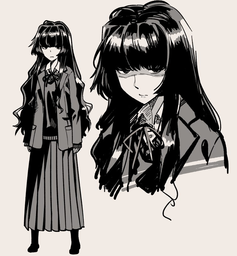 >:(, 1girl, blazer, covered_eyes, frown, glaring, greyscale, grimace, hair_over_eyes, hikage_monogatari, hunched_over, jacket, jimiko, long_hair, looking_at_viewer, mojyo, monochrome, nerdy_girl's_story, pleated_skirt, ribbon, scowl, shirt_tucked_in, skirt, solo, tented_shirt, tsuchiya_shizuku, unkempt, urin, v-shaped_eyebrows