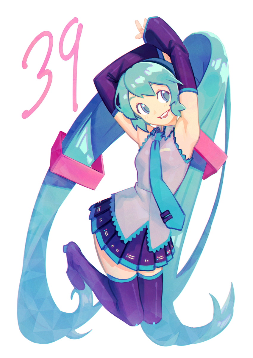 1girl, 39, absurdres, aqua_eyes, aqua_hair, aqua_necktie, armpits, arms_up