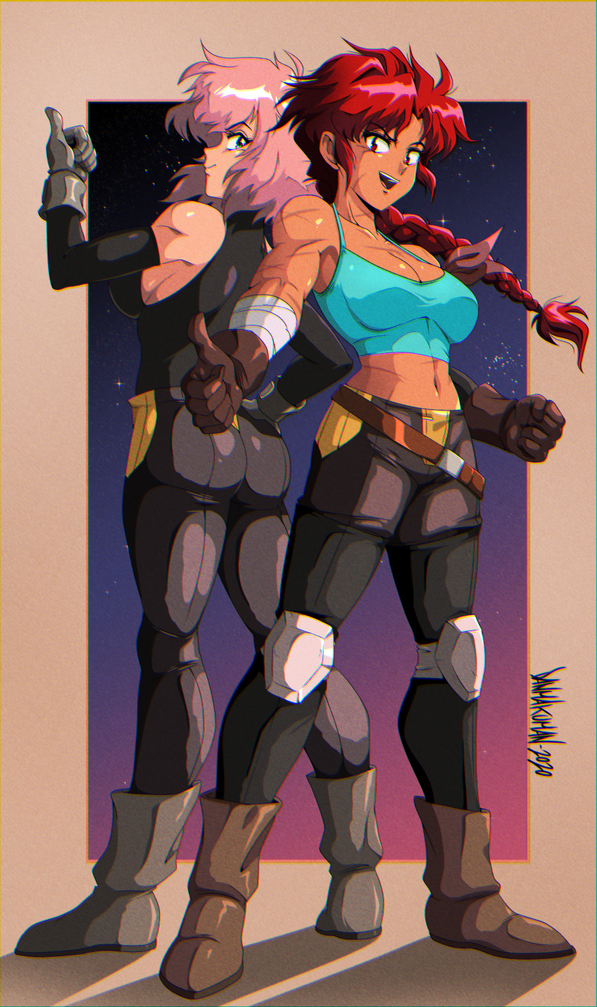 1990s_(style), absurdres, boots, braid, braided_ponytail, breasts, brown_footwear, brown_gloves