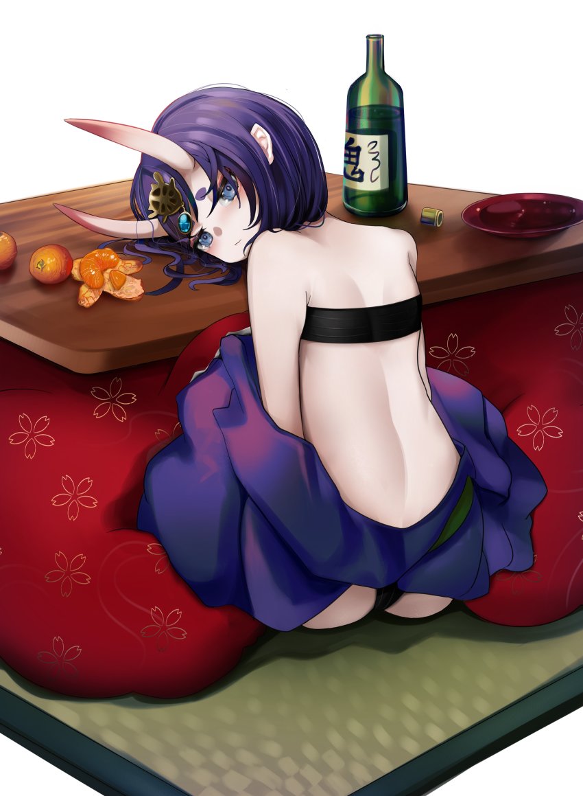 1girl, absurdres, alcohol, ass, back, blue_eyes, bob_cut, bottle