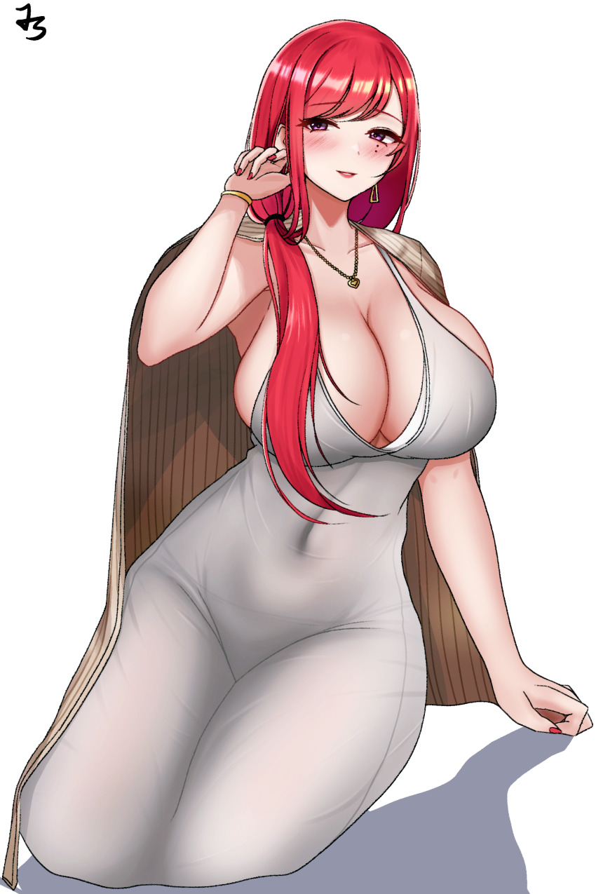 1girl, absurdres, blush, breasts, cleavage, dress, earrings, highres, hongryeon_(last_origin), jewelry, jungtong, last_origin, mature_female, mole, mole_under_eye, nail_polish, purple_eyes, red_hair, red_nails, see-through_clothes, side_ponytail, simple_background, skindentation, solo, white_background, white_dress