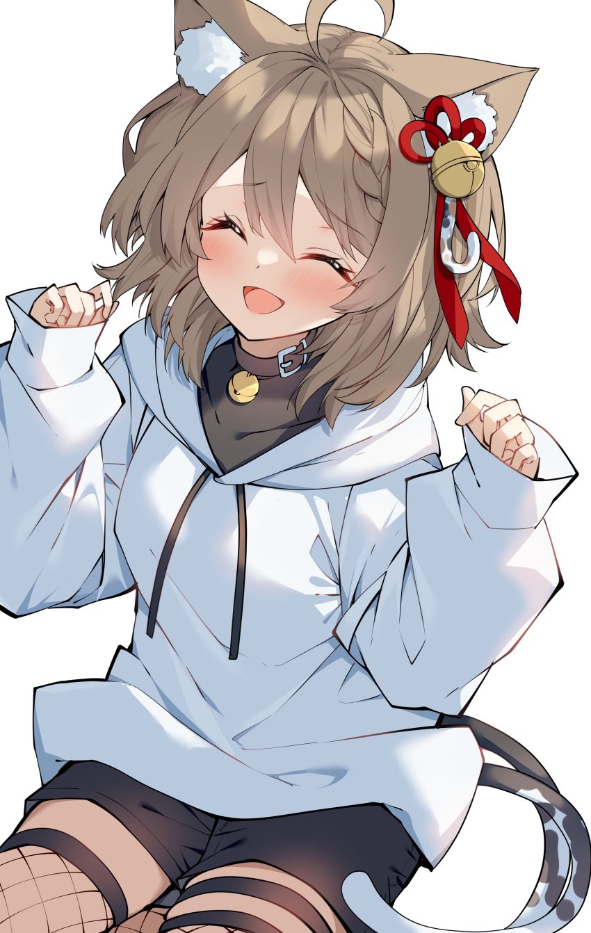 1girl, absurdres, ahoge, animal_collar, animal_ear_fluff, bell, braid, braided_bangs