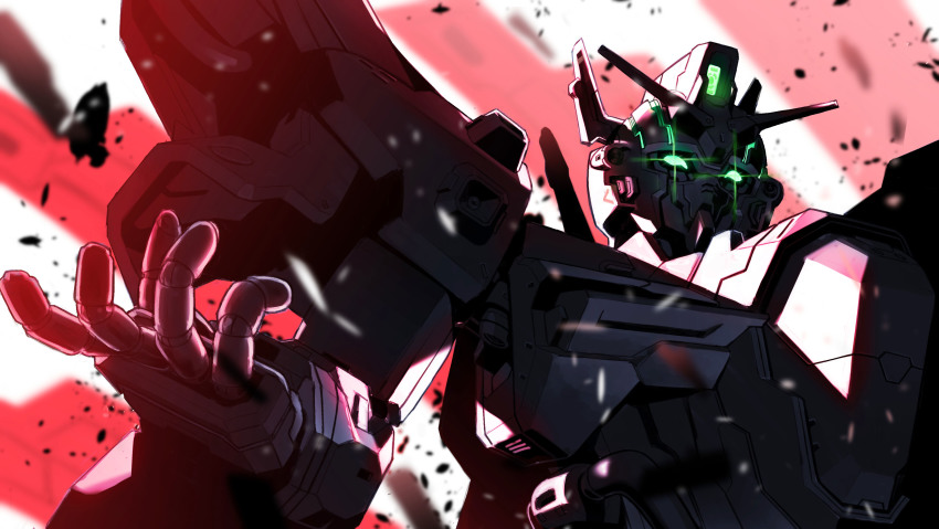 absurdres, armor, debris, glowing, glowing_eyes, glowing_lines, gundam, highres