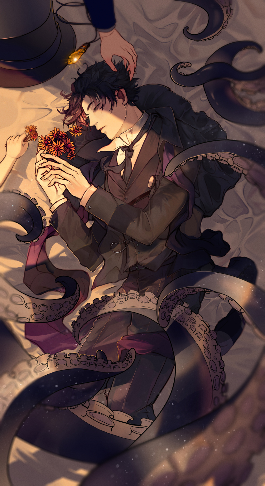 1boy, 2others, absurdres, aisnow432, black_jacket, black_neckwear, black_pants, black_vest