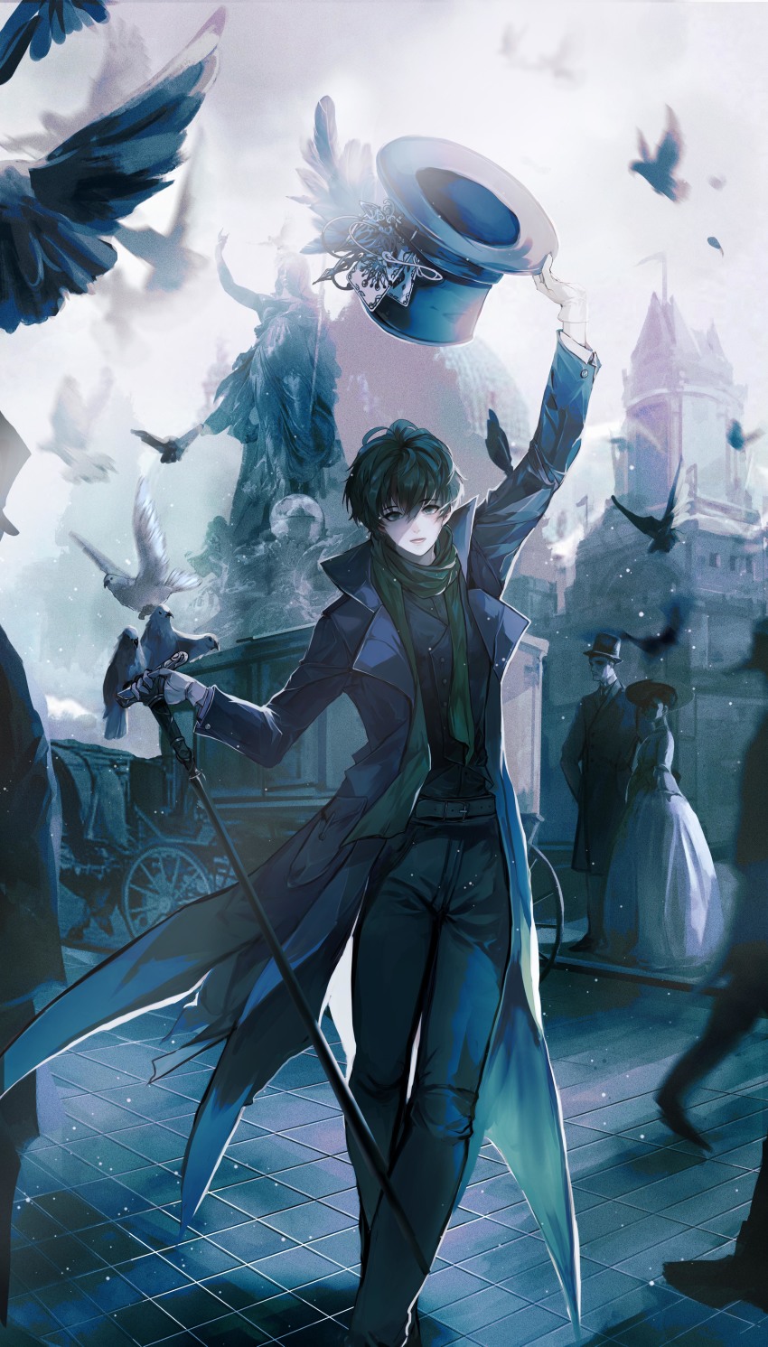 1girl, 1other, 3boys, absurdres, aisnow432, angel, belt, bird, black_hair, black_jacket, black_pants, black_shirt, black_vest, blue_eyes, building, cane, card, carriage, chinese_commentary, cloud, cloudy_sky, commentary_request, dove, dress, hat, unworn_hat, unworn_headwear, highres, holding, holding_cane, horse, jacket, klein_moretti, looking_at_viewer, lord_of_the_mysteries, multiple_boys, pants, parted_lips, sculpture, shaded_face, shadow, shirt, sky, teeth, tongue, vest