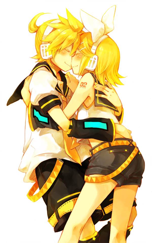 1boy, 1girl, blonde_hair, brother_and_sister, closed_eyes, hair_ornament, hair_ribbon, hairclip, headphones, hetero, hug, incest, kagamine_len, kagamine_rin, kiss, kissing_nose, noses_touching, ribbon, short_hair, shorts, siblings, simple_background, smile, twincest, twins, vocaloid, yukkii