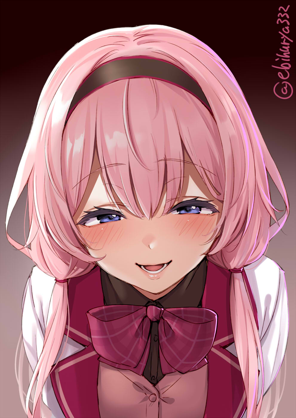 1girl, beige_vest, black_background, black_hairband, black_shirt, blush, bow, bowtie