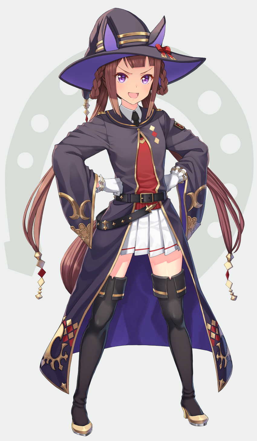 1girl, belt, black_thighhighs, braid, braided_hair_rings, brown_hair, collared_shirt, commentary_request, folded_thighhighs, full_body, gloves, grey_background, hair_rings, hands_on_own_hips, hat, high_heels, highres, horse_girl, itou_(onsoku_tassha), legs_apart, long_hair, looking_at_viewer, open_mouth, pleated_skirt, purple_eyes, robe, shirt, sidelocks, simple_background, skirt, solo, standing, sweep_tosho_(platanus_witch)_(umamusume), sweep_tosho_(umamusume), thighhighs, twintails, umamusume, v-shaped_eyebrows, white_gloves, wide_sleeves, witch_hat