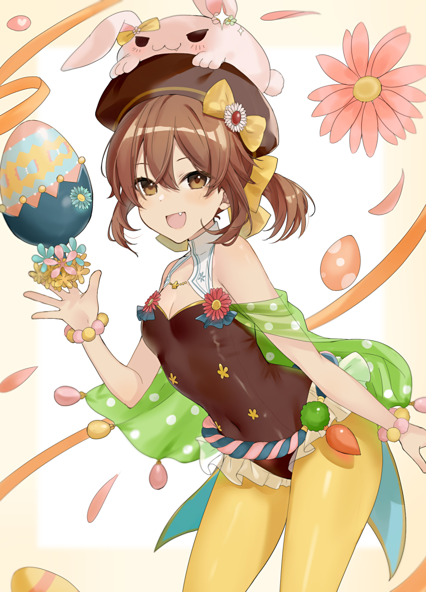 >:), 1girl, :d, animal_hat, bare_shoulders, breasts, brown_eyes, brown_hair, collar, covered_navel, delthea_(fire_emblem), delthea_(spring)_(fire_emblem), easter_egg, egg, fang, fire_emblem, fire_emblem_echoes:_shadows_of_valentia, fire_emblem_heroes, flower, haru_(nakajou-28), hat, highres, leotard, looking_at_viewer, nintendo, official_alternate_costume, open_mouth, pantyhose, rabbit_hat, sleeveless, small_breasts, smile, solo, v-shaped_eyebrows, yellow_pantyhose