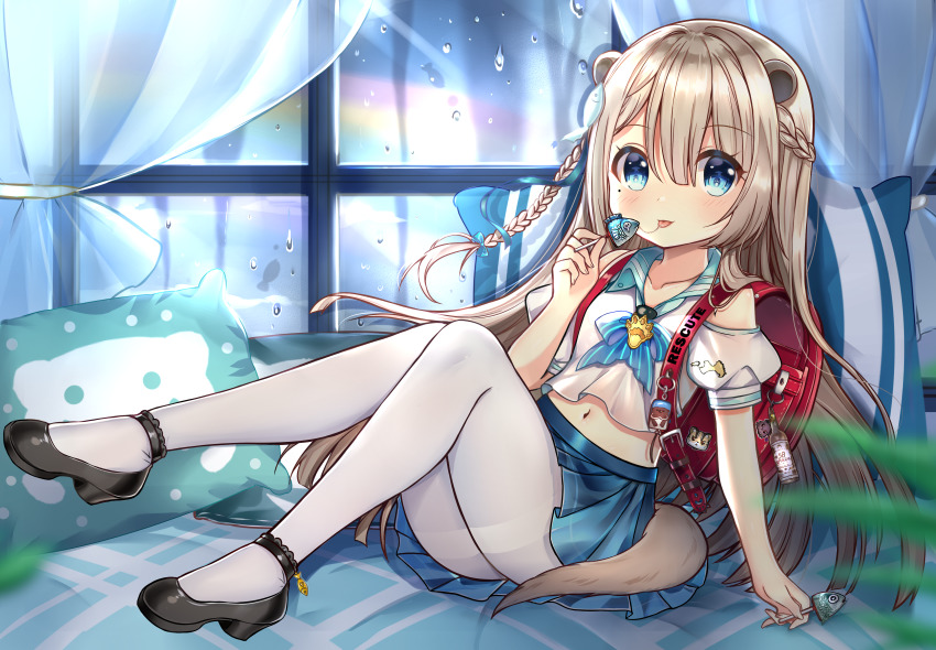 1girl, :p, absurdres, animal_ears, backpack, bag, black_shoes, blue_eyes, blue_skirt, blush, braid, brown_hair, closed_mouth, clothing_cutout, commentary_request, curtains, fish_hair_ornament, hair_between_eyes, hair_ornament, hand_up, high_heels, highres, holding, indie_virtual_youtuber, long_hair, lutra_lutra, midriff_peek, navel, official_art, pantyhose, pillow, pleated_skirt, puffy_short_sleeves, puffy_sleeves, randoseru, rinringyo, saliva, saliva_trail, shoes, short_sleeves, shoulder_cutout, skirt, smile, solo, tail, tongue, tongue_out, transparent, very_long_hair, virtual_youtuber, white_pantyhose, window