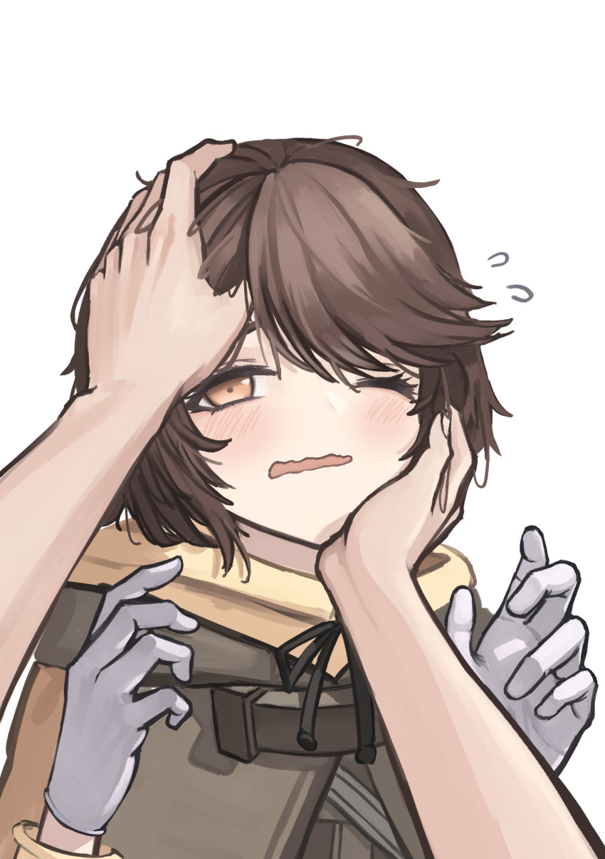 1girl, brown_eyes, brown_hair, flying_sweatdrops, gloves, grabbing_another's_chin, grabbing_another's_hair, hand_on_another's_chin