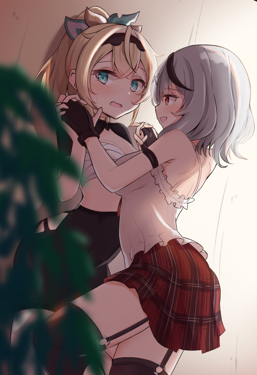 2girls, absurdres, aqua_eyes, backlighting, bare_shoulders, batarop, black_gloves, black_hair, black_legwear, blonde_hair, blurry, blush, breasts, camisole, cleavage, clothing_cutout, commentary_request, depth_of_field, embarrassed, fingerless_gloves, frilled_camisole, frills, from_side, garter_straps, gloves, high-waist_shorts, high_ponytail, highres, hip_vent, holding_hands, hololive, interlocked_fingers, kazama_iroha, leaf, looking_at_another, looking_away, medium_breasts, medium_hair, multicolored_hair, multiple_girls, open_mouth, plaid_clothes, plaid_skirt, ponytail, red_eyes, sakamata_chloe, sarashi, shorts, silver_hair, skirt, smile, streaked_hair, thighhighs, thighs, virtual_youtuber, yuri