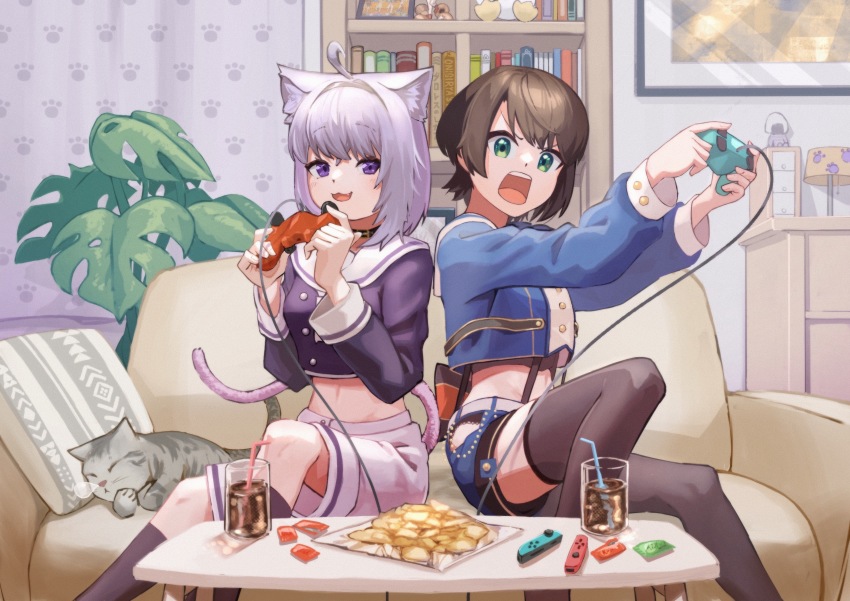 2girls, absurdres, ahoge, animal_collar, animal_ears, black_collar, black_panties, blue_eyes, blue_shorts, brown_hair, buttons, cat, cat_ears, cat_girl, cat_tail, chips_(food), clothing_cutout, collar, controller, couch, cropped_jacket, cropped_shirt, drink, drinking_straw, food, haruno_(user_ajkf5285), highres, hip_vent, hololive, hololive_gamers, multiple_girls, neckerchief, nekomata_okayu, nekomata_okayu_(school_uniform), nintendo_switch, oozora_subaru, oozora_subaru_(suspenders), panties, potato_chips, purple_eyes, purple_hair, short_hair, shorts, sleeve_cuffs, socks, subaru_duck, suspender_shorts, suspenders, swept_bangs, table, tail, underwear, virtual_youtuber, white_neckerchief, white_shorts