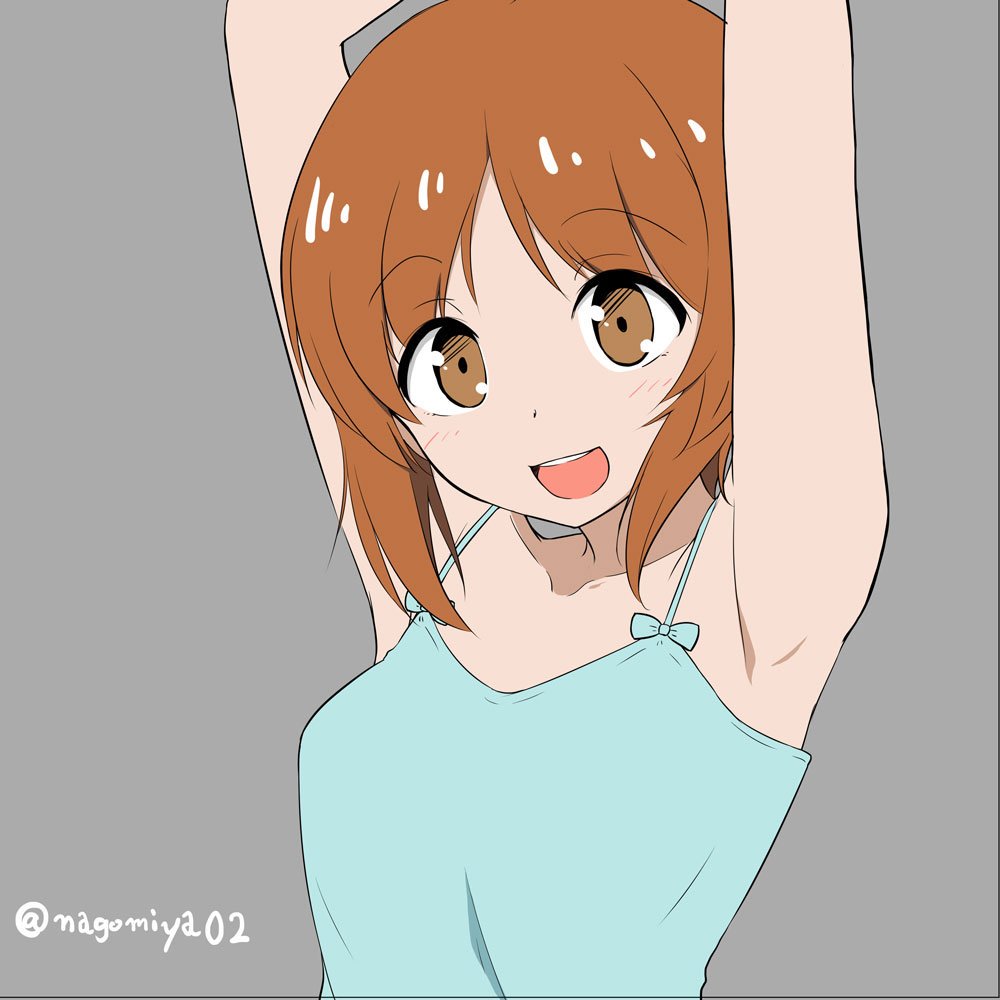 1girl, armpits, arms_up, blue_shirt, brown_eyes, brown_hair, camisole, casual
