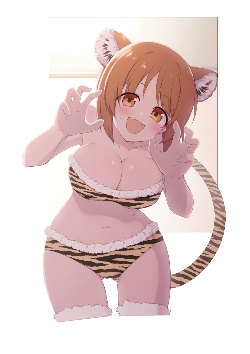 1girl, :d, absurdres, alternate_costume, animal_ears, animal_print, bare_shoulders, bikini