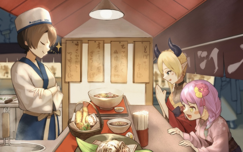 3girls, absurdres, blonde_hair, bowl, braid, brown_hair, chopsticks, closed_eyes