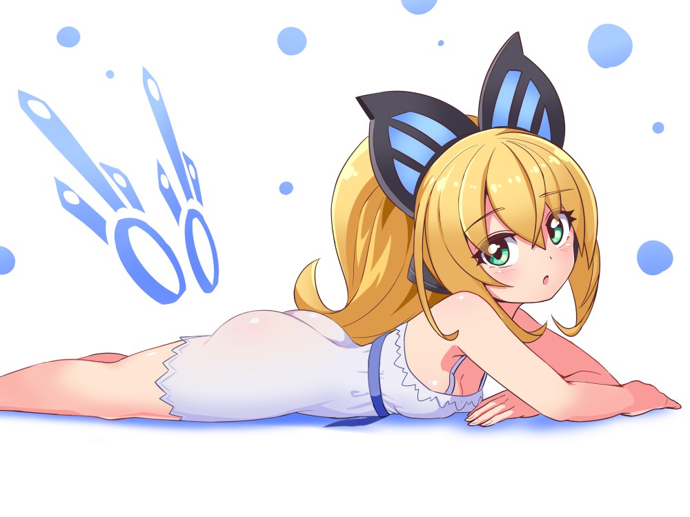 1girl, :o, ass, azure_striker_gunvolt, blonde_hair, blue_nightgown, breasts, butterfly_hair_ornament, butterfly_wings, commentary, cougar_(cougar1404), elbow_rest, from_side, green_eyes, hair_ornament, headgear, insect_wings, joule_(gunvolt), long_hair, lumen_(gunvolt), lying, nightgown, on_stomach, open_mouth, ponytail, sideboob, small_breasts, solo, spaghetti_strap, white_background, wings
