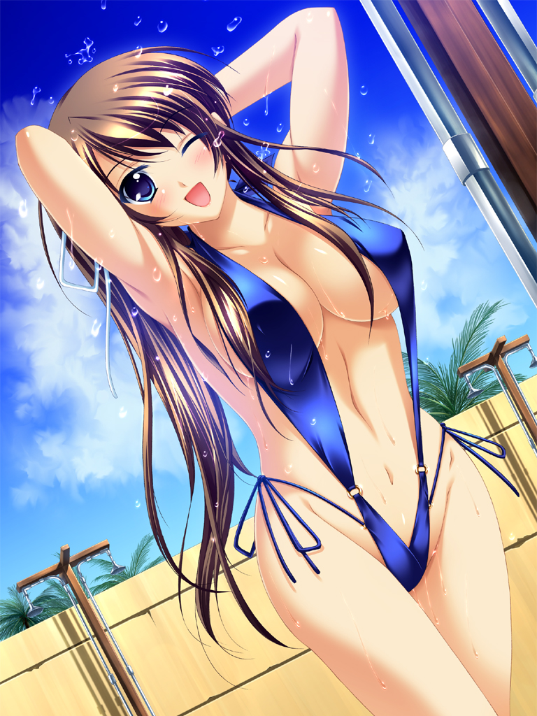 1girl, armpits, arms_up, asanuma_katsuaki, bikini, blue_eyes, breasts, brown_hair, female_focus, large_breasts, long_hair, navel, one_eye_closed, open_mouth, original, slingshot_swimsuit, smile, solo, swimsuit, wet, wink