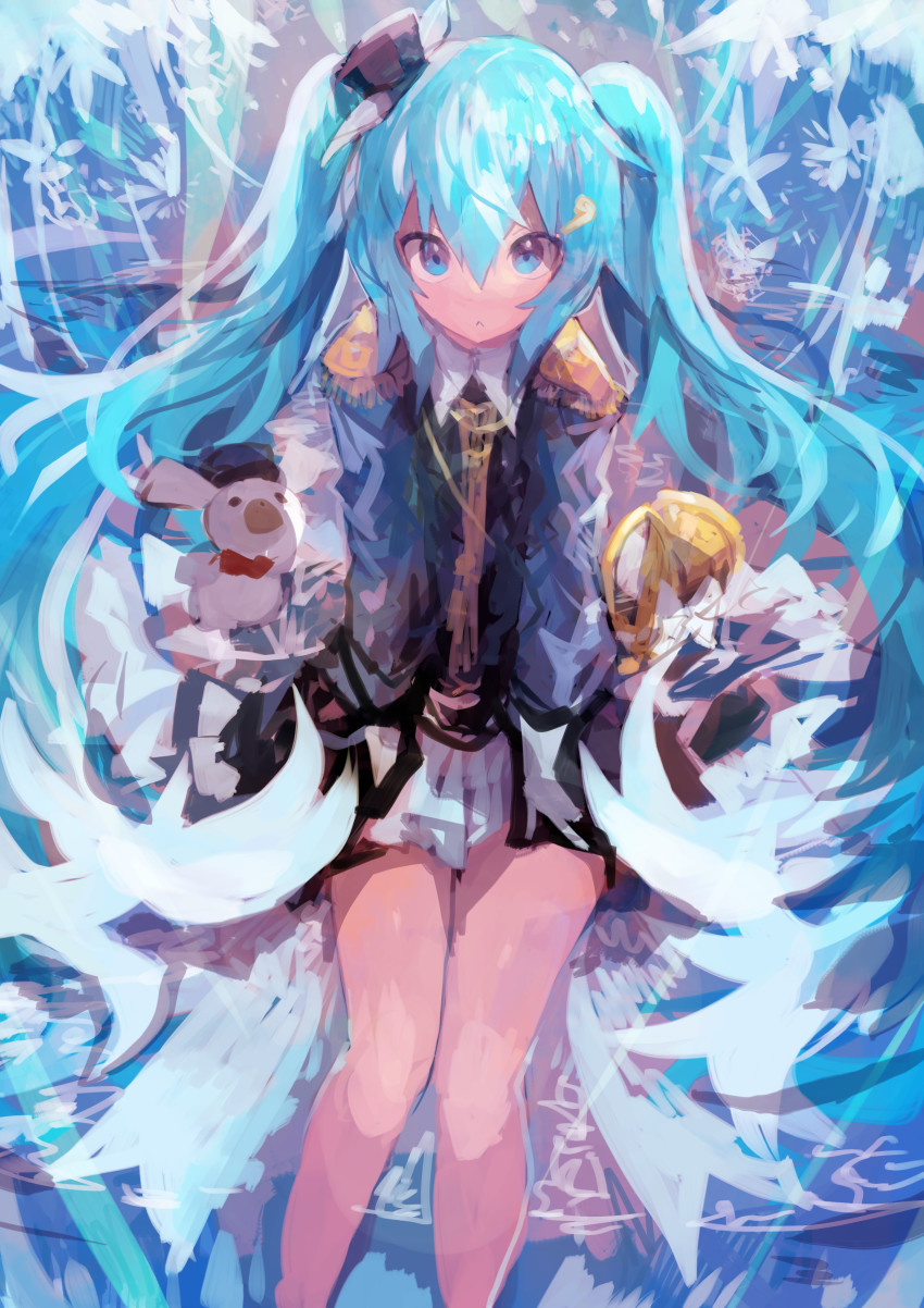 1girl, :<, absurdres, aqua_eyes, aqua_hair, closed_mouth, epaulettes, hair_between_eyes
