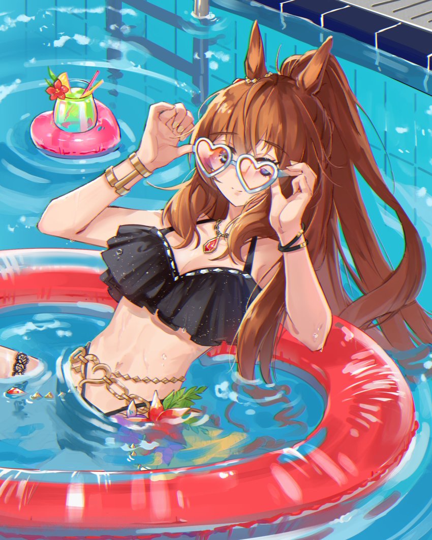 1girl, adjusting_eyewear, animal_ears, bikini, black_bikini, blue_eyes, bracelet, breasts