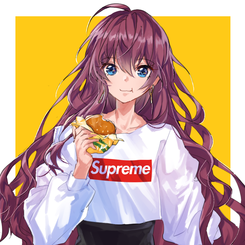 1girl, :t, ahoge, blue_eyes, burger, closed_mouth, crop_top, earrings