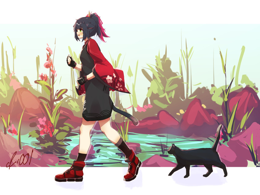 1girl, :d, absurdres, animal_ears, arknights, black_cat, black_dress, black_footwear