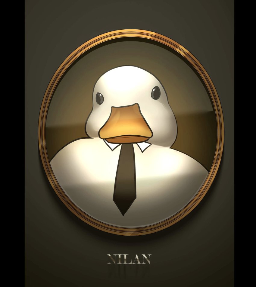 animal, animal_focus, artist_name, bird, black_necktie, detached_collar, duck, highres