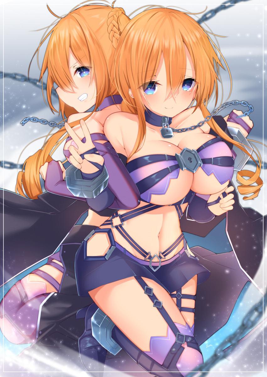 2girls, absurdres, back-to-back, bare_shoulders, bdsm, black_legwear, blue_eyes, blue_legwear