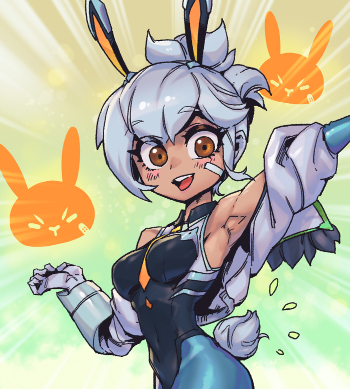 1girl, animal_ears, arm_up, armpits, bandaid, bandaid_on_face, battle_bunny_prime_riven, brown_eyes, cropped_jacket, fake_animal_ears, fur_trim, gloves, green_pantyhose, jacket, league_of_legends, long_sleeves, looking_at_viewer, orange_background, pantyhose, phantom_cross, ponytail, rabbit_ears, rabbit_tail, riven_(league_of_legends), smile, solo, tail, tongue, white_gloves, white_jacket
