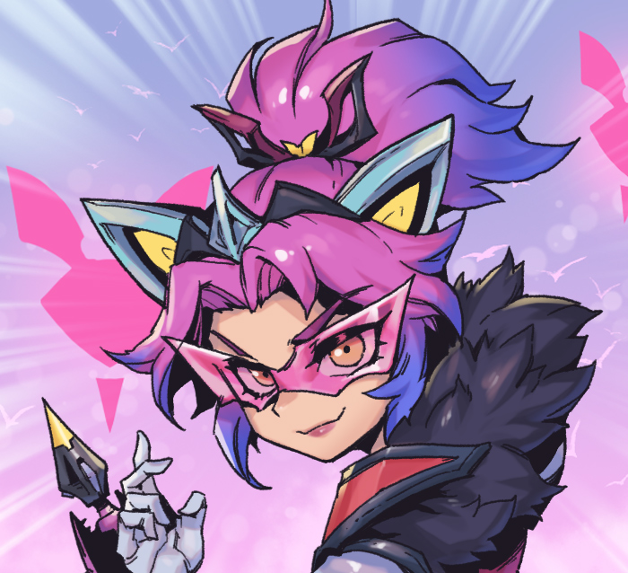 1girl, animal_ears, arrow_(projectile), bat_ears, bat_hair_ornament, battle_bat_vayne, closed_mouth, emphasis_lines, fake_animal_ears, fur_trim, glasses, hair_ornament, league_of_legends, looking_at_viewer, official_alternate_costume, phantom_cross, pink_background, pink_hair, ponytail, purple-tinted_eyewear, smile, solo, tinted_eyewear, vayne_(league_of_legends), visor