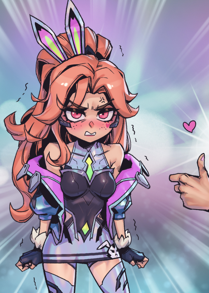 1girl, 1other, anger_vein, angry, animal_ears, arms_at_sides, bare_shoulders, battle_bunny_miss_fortune