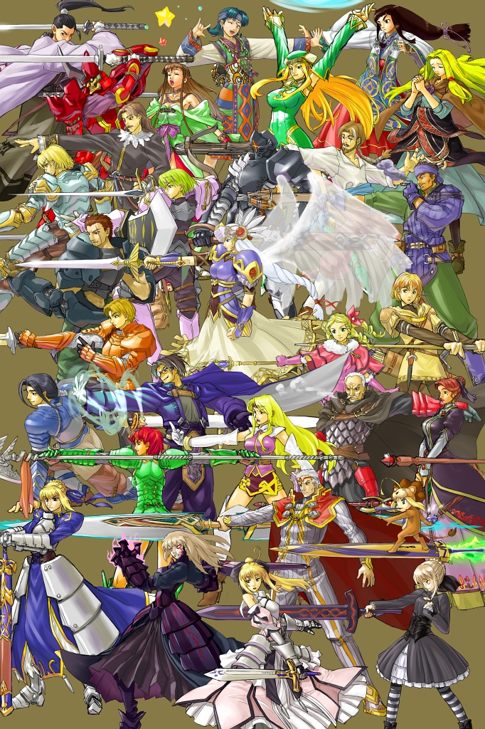 6+boys, 6+girls, aelia, ahoge, ainu_clothes, armor, armored_dress, arngrim, artoria_pendragon_(fate), badrach, beard, belenus, belt, blonde_hair, blue_hair, bow, bow_(weapon), braid, breastplate, breasts, capcom, cape, cigar, closed_eyes, corset, crossbow, crossover, dress, everyone, facial_hair, fate/stay_night, fate/tiger_colosseum, fate/unlimited_codes, fate_(series), faulds, freya_(valkyrie_profile), from_behind, fur, gandar, gauntlets, glasses, gloves, greaves, grey_(valkyrie_profile), hair_bun, hat, headband, helmet, jacket, japanese_armor, jayle_(valkyrie_profile), jelanda, jun_(valkyrie_profile), kabuto_(helmet), kashell, katana, lawfer, lenneth_valkyrie, lezard_valeth, llewelyn, long_hair, lorenta, lucien_(valkyrie_profile), lyseria, m/, magic, mask, medium_breasts, mole, multiple_boys, multiple_girls, mustache, mystina_(valkyrie_profile), nanami_(valkyrie_profile), odin_(valkyrie_profile), old, old_man, one_eye_closed, polearm, ponytail, praying, rapier, saber_(fate), saber_alter, saber_alter_(gothic_lolita), saber_alter_(fate/stay_night), saber_lily, saber_lion, samurai, scale_armor, scar, seikan_hikou, sheath, shiho_(valkyrie_profile), short_hair, single_hair_bun, skirt, spear, staff, star_(symbol), suo_(valkyrie_profile), sword, thighhighs, urara-nya, urara_(urara-nya), valkyrie_profile_(series), weapon, white_hair, wings, wink, yumei_(valkyrie_profile), yumei_(vp), zettai_ryouiki