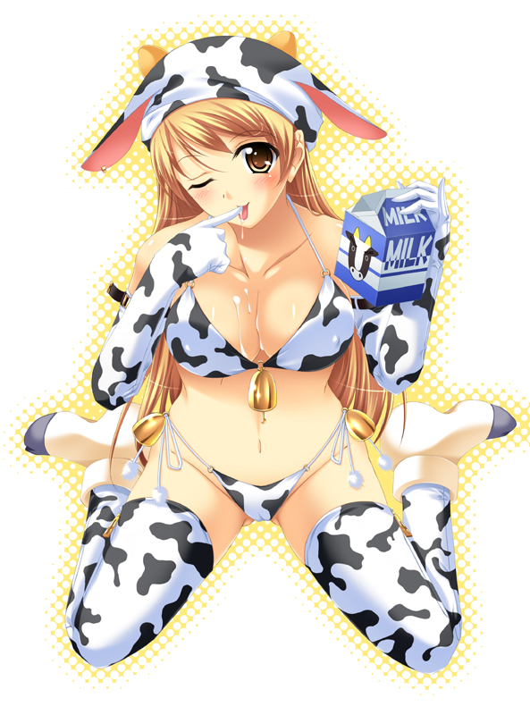 1girl, animal_ears, animal_print, asanuma_katsuaki, bell, bikini, blonde_hair, breasts