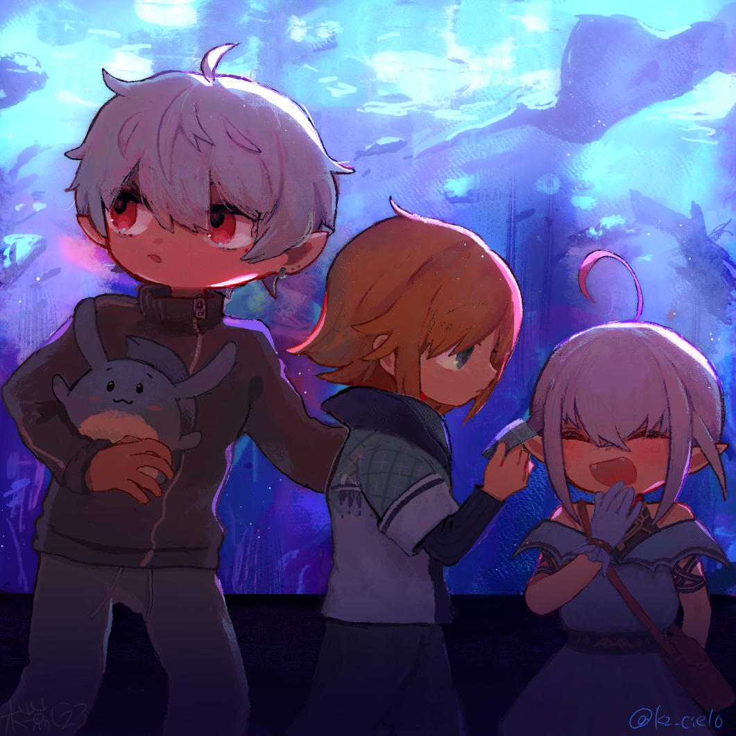 1girl, 2boys, :d, ^_^, ahoge, aquarium, bag, bare_shoulders