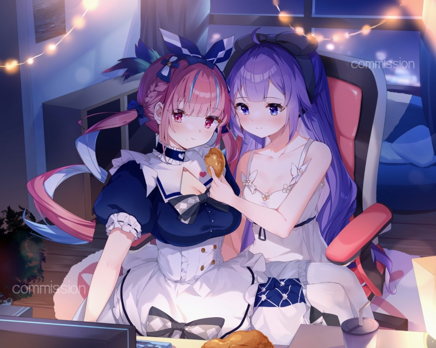 2girls, azur_lane, chair, commission, computer, crossover, food, gaming_chair