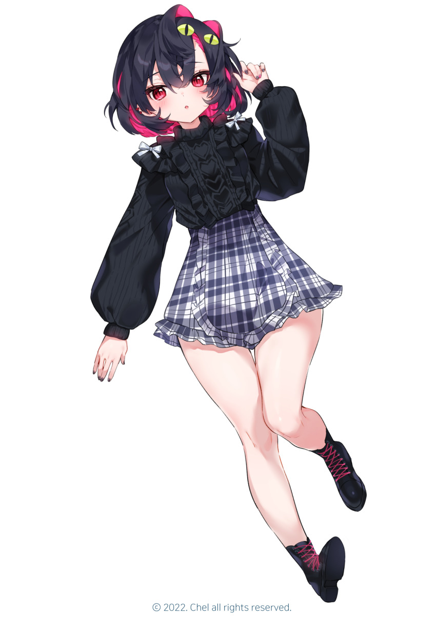 1girl, black_boots, black_hair, black_shirt, blush, boots, breasts, cheli_(kso1564)