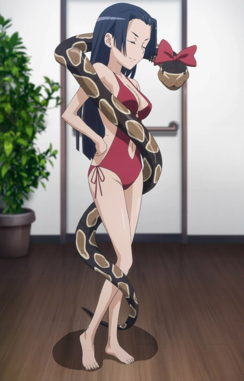 1girl, anime_screenshot, barefoot, black_hair, breasts, cleavage, closed_eyes, clothing_cutout, cosplay, ekaterina_(railgun), feet, female_focus, highres, kongou_mitsuko, long_hair, navel, navel_cutout, one-piece_swimsuit, ribbon, side-tie_swimsuit, snake, solo, stitched, swimsuit, third-party_edit, toaru_kagaku_no_railgun, toaru_majutsu_no_index