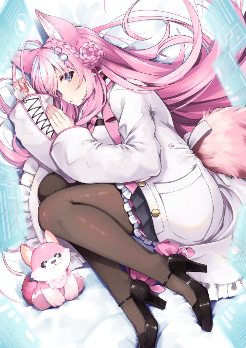 1girl, ahoge, animal_ears, black_footwear, black_skirt, blue_eyes, blush, braid