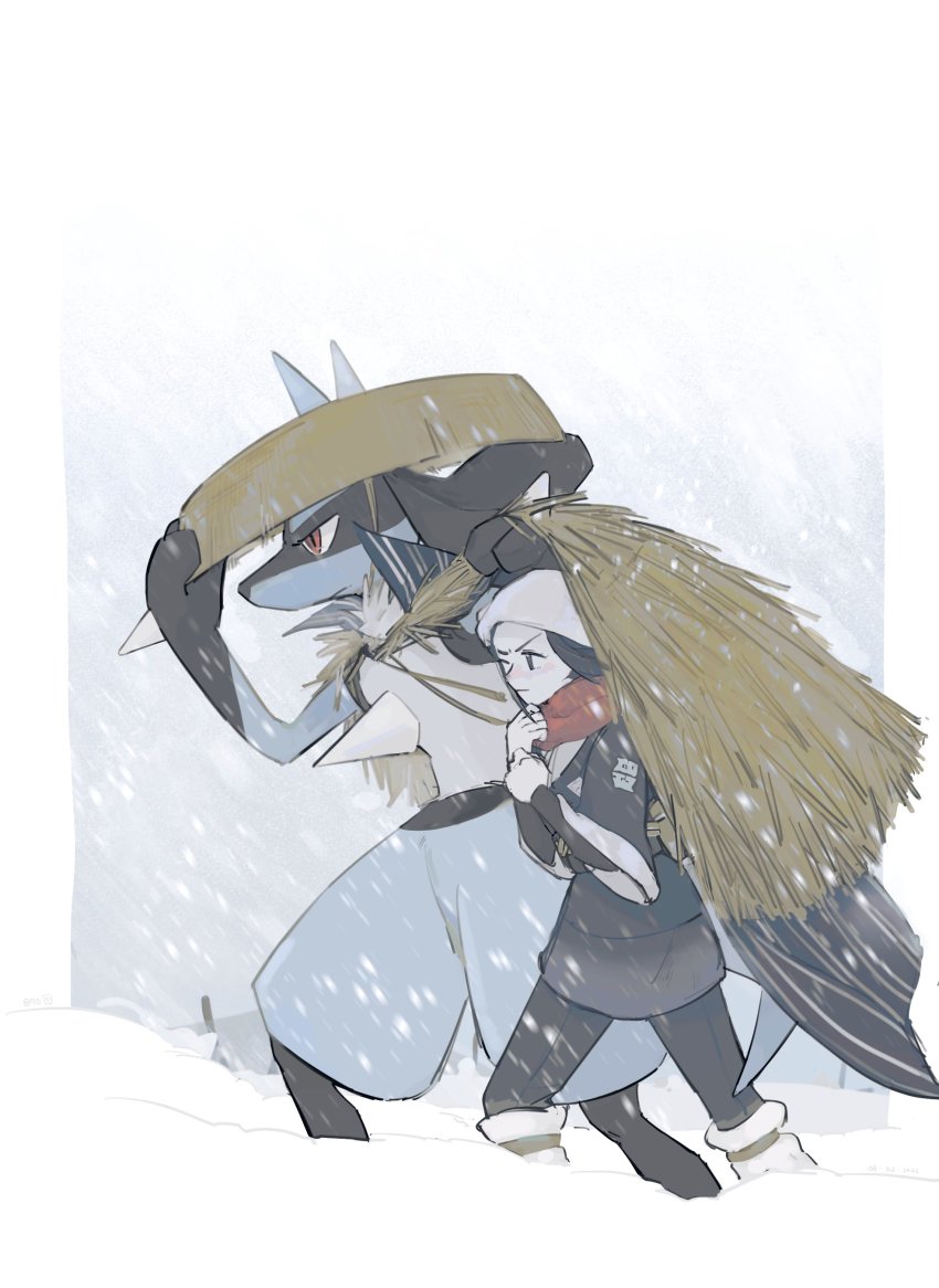 1girl, absurdres, akari_(pokemon), black_hair, black_pantyhose, black_shirt, brown_headwear, closed_mouth, commentary_request, draw_pann33, from_side, gen_4_pokemon, grey_jacket, grey_skirt, hands_up, hat, headscarf, highres, jacket, loose_socks, lucario, nintendo, one_eye_closed, outdoors, pantyhose, pokemon, pokemon_(creature), pokemon_legends:_arceus, shirt, skirt, snowing, socks, standing, white_headscarf, white_headwear, white_pantyhose