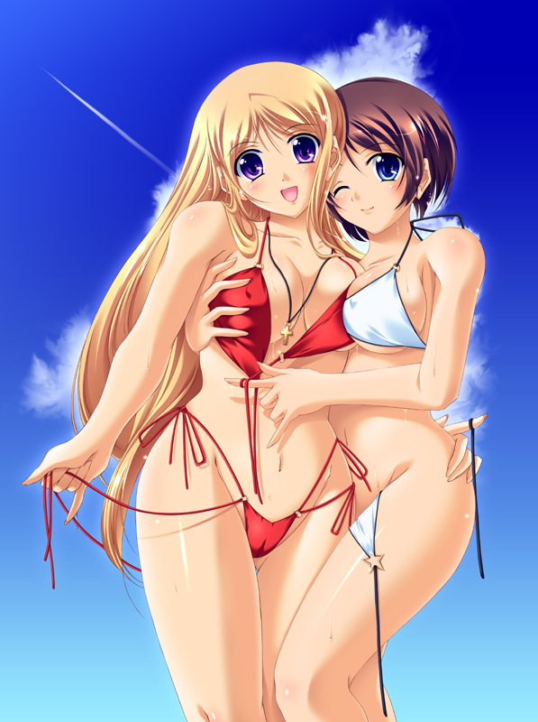 2girls, asanuma_katsuaki, bikini, blonde_hair, blue_eyes, blush, breast_press, breasts, brown_hair, cross, day, grabbing_another's_breast, groping, large_breasts, long_hair, multiple_girls, navel, one_eye_closed, open_mouth, original, purple_eyes, short_hair, side-tie_bikini_bottom, sky, smile, swimsuit, wink, yuri