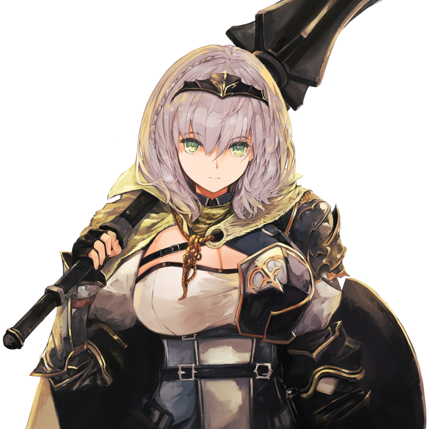 1girl, absurdres, arm_guards, armor, bird, black_gloves, black_hairband, blue_dress, braid, breasts, cape, chest_guard, chest_harness, cleavage, closed_mouth, dress, eagle, fingerless_gloves, french_braid, gloves, green_eyes, haimura, hair_between_eyes, hairband, harness, highres, holding, holding_weapon, hololive, large_breasts, looking_at_viewer, medium_hair, mole, mole_on_breast, over_shoulder, shirogane_noel, shirogane_noel_(1st_costume), shoulder_armor, silver_hair, two-tone_dress, upper_body, virtual_youtuber, weapon, weapon_over_shoulder, white_background, white_dress
