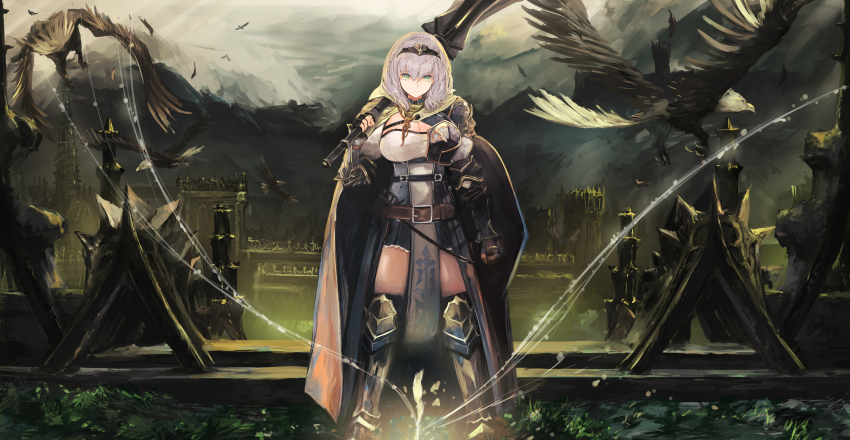 1girl, absurdres, arm_guards, armor, belt, bird, black_gloves, black_hairband